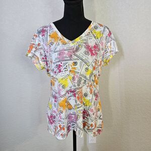 Womens XL V Neck Short Sleeve T Shirt Money Neon Paint Splatter NWOT